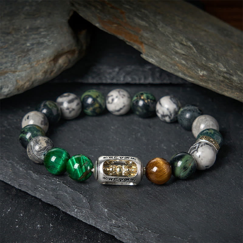Buddha Stones Natural Grey Jasper Kambamba Jasper Tiger Eye Om Mani Padme Hum Protection Bracelet - 20cm - image 0