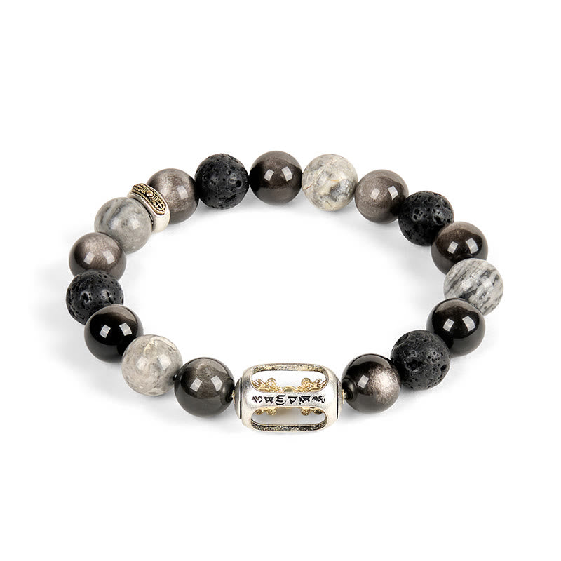 Buddha Stones Silver Sheen Obsidian Lava Rock Grey Jasper Om Mani Padme Hum Vajra Soothing Bracelet - image 4