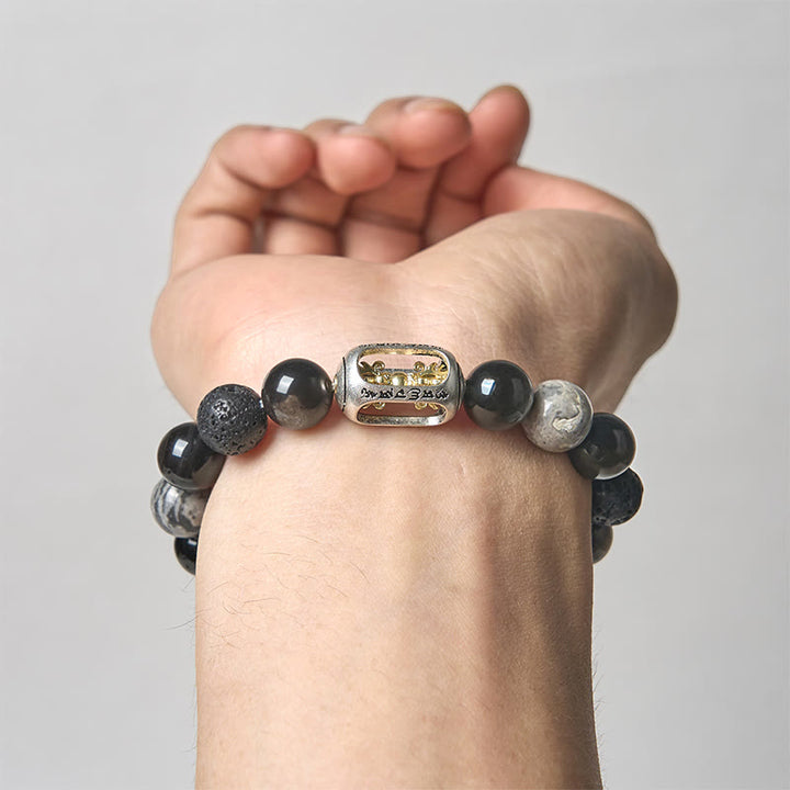 Buddha Stones Silver Sheen Obsidian Lava Rock Grey Jasper Om Mani Padme Hum Vajra Soothing Bracelet - image 3