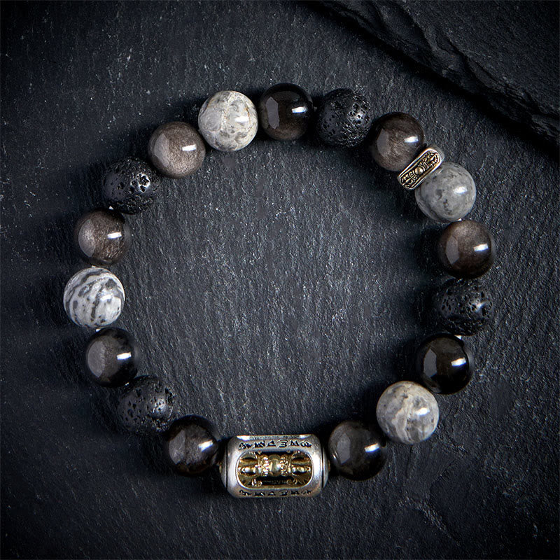 Buddha Stones Silver Sheen Obsidian Lava Rock Grey Jasper Om Mani Padme Hum Vajra Soothing Bracelet - image 1
