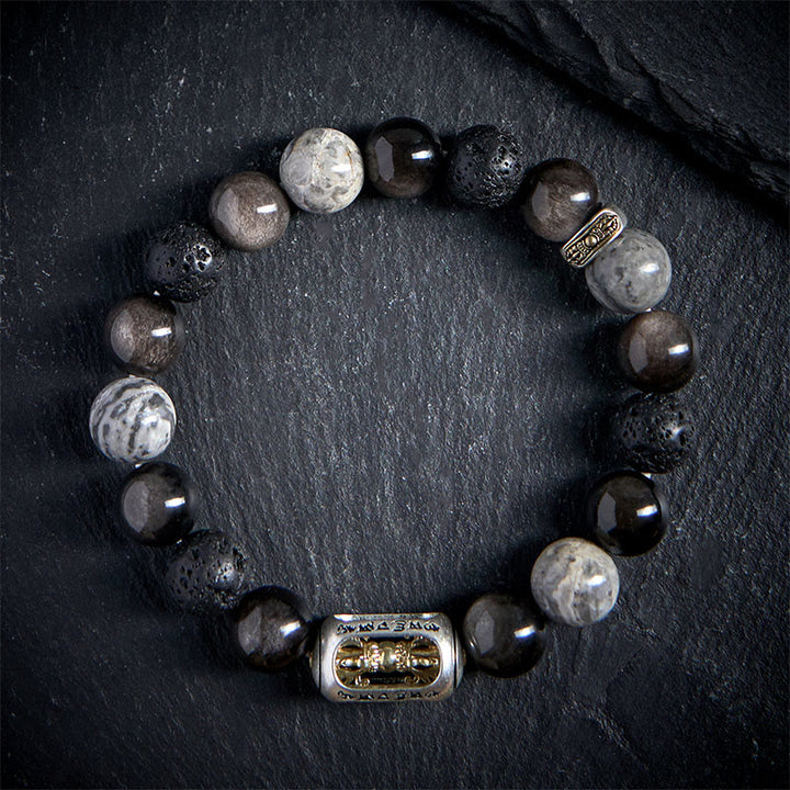 Buddha Stones Silver Sheen Obsidian Lava Rock Grey Jasper Om Mani Padme Hum Vajra Soothing Bracelet - image 1