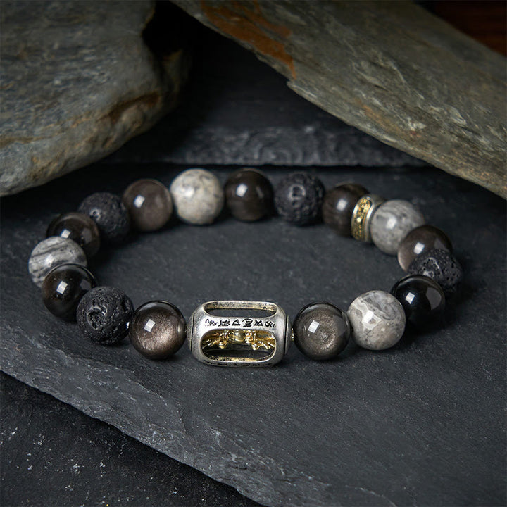 Buddha Stones Silver Sheen Obsidian Lava Rock Grey Jasper Om Mani Padme Hum Vajra Soothing Bracelet - 17cm - image 0