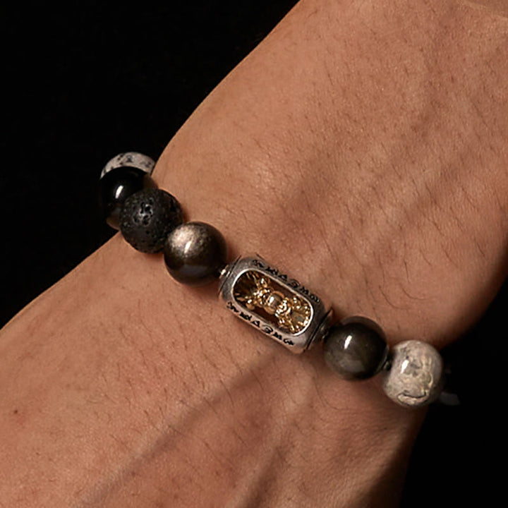 Buddha Stones Silver Sheen Obsidian Lava Rock Grey Jasper Om Mani Padme Hum Vajra Soothing Bracelet - image 2
