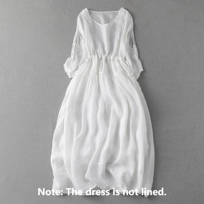 Buddha Stones Embroidery Patchwork Long Puff Sleeve Drawstring Midi Dress With Pockets - image 20