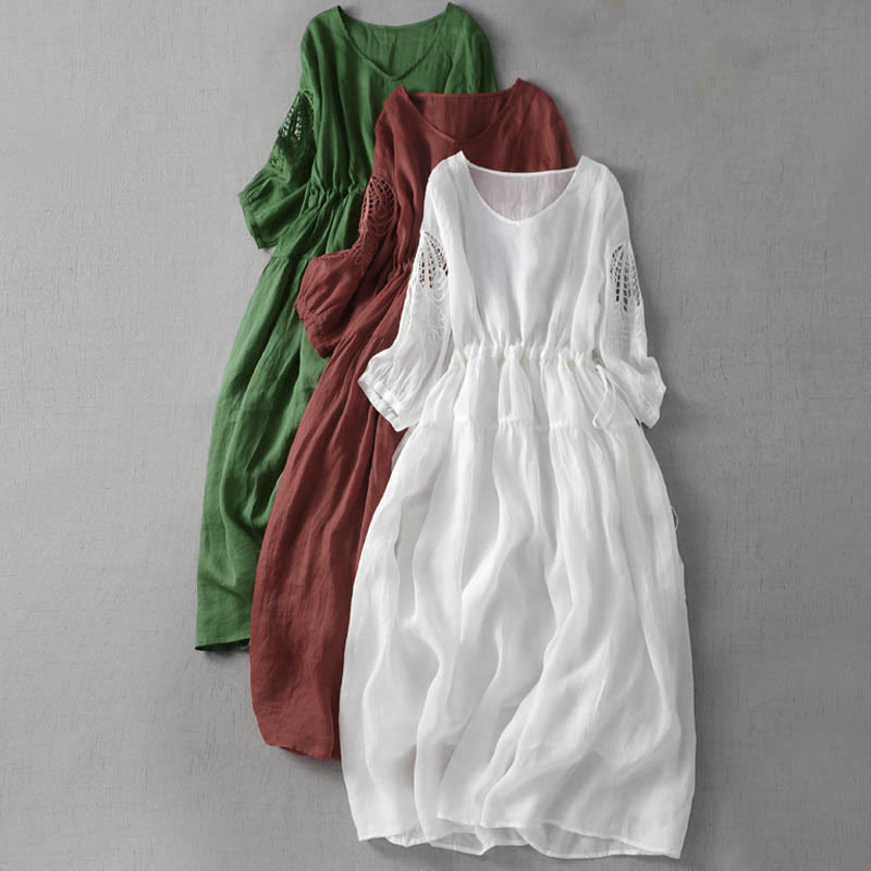 Buddha Stones Embroidery Patchwork Long Puff Sleeve Drawstring Midi Dress With Pockets - image 0