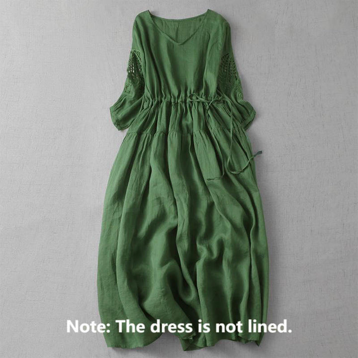 Buddha Stones Embroidery Patchwork Long Puff Sleeve Drawstring Midi Dress With Pockets - image 2