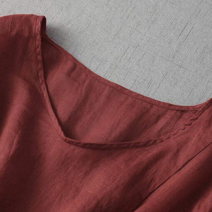 Buddha Stones Embroidery Patchwork Long Puff Sleeve Drawstring Midi Dress With Pockets - image 14