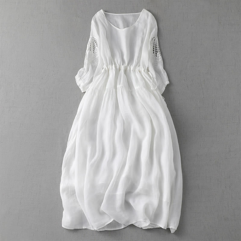 Buddha Stones Embroidery Patchwork Long Puff Sleeve Drawstring Midi Dress With Pockets - White - US8-10，UK/AU12-14，EU40-42 (2XL) - image 19