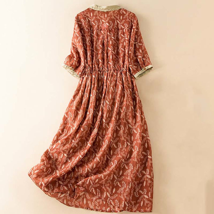 Buddha Stones Half Sleeve Color Contrast Floral Pattern Midi Dress With Pockets - image 23