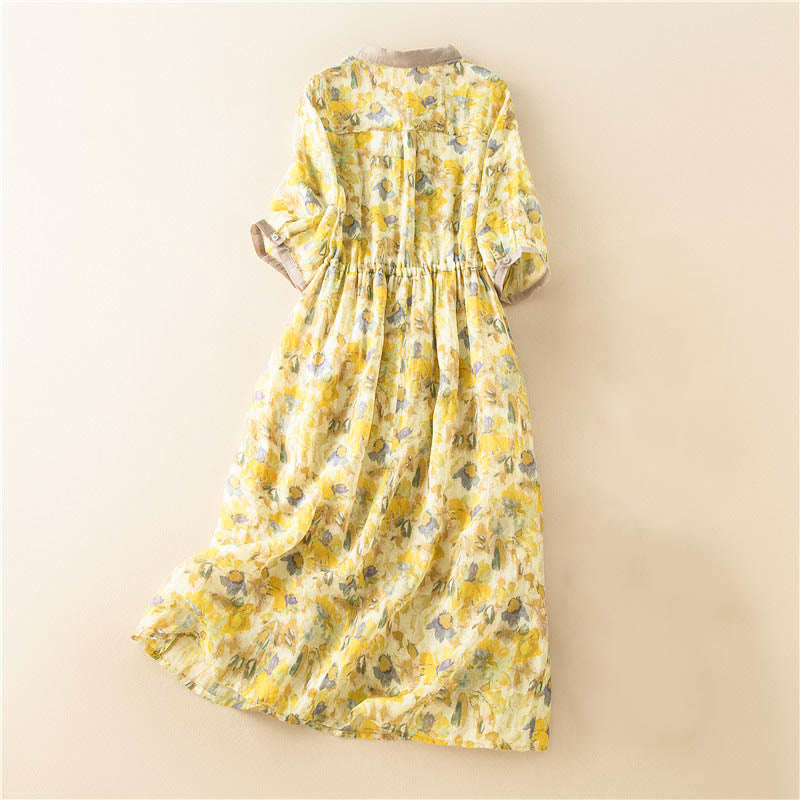 Buddha Stones Half Sleeve Color Contrast Floral Pattern Midi Dress With Pockets - image 16