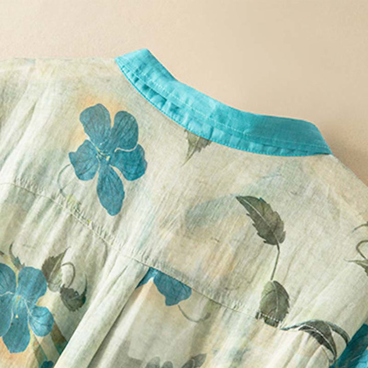 Buddha Stones Half Sleeve Color Contrast Floral Pattern Midi Dress With Pockets - image 7