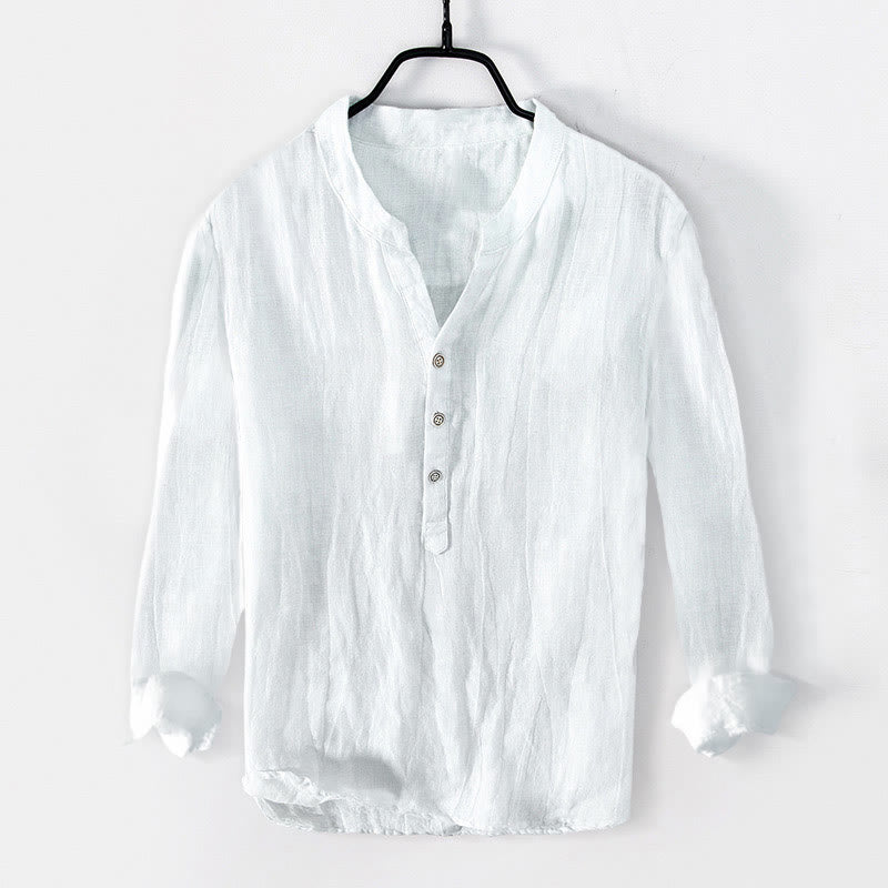 Buddha Stones Solid Color Short Sleeve Half Button Shirt Cotton Linen Men Clothing - Long Sleeve - White - US/UK/AU50，EU60 (5XL) - image 27