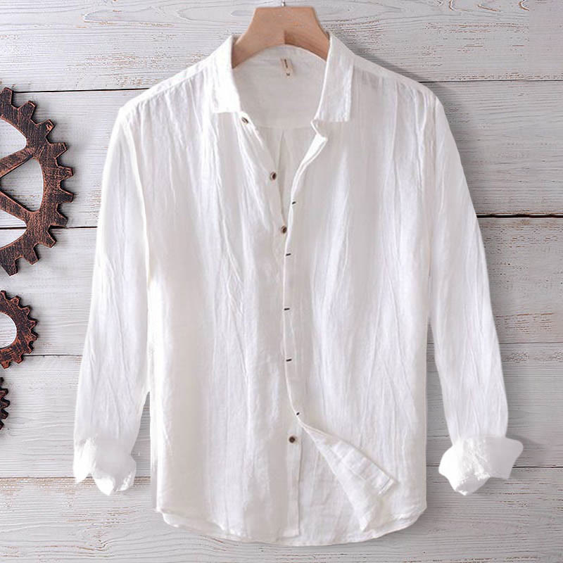 Buddha Stones Men's Shirt Solid Color Lapel Top Long Sleeve Comfy Button Crease Cotton Linen Shirt - White - US/UK/AU50，EU60 (5XL) - image 7