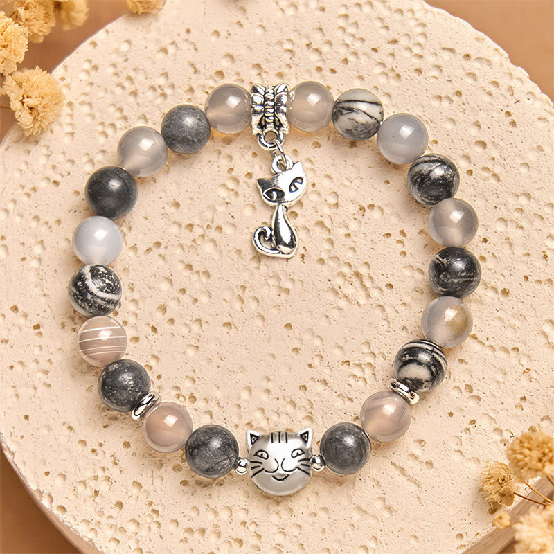 Buddha Stones Birman Cat Natural Grey Jasper Agate Bead Healing Bracelet - image 1