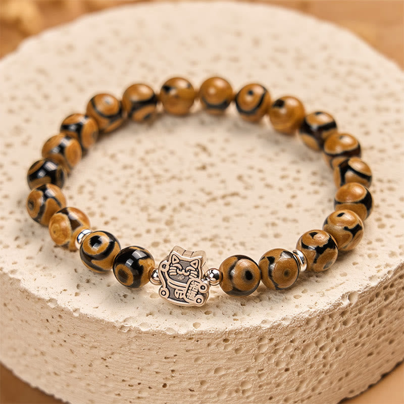 Buddha Stones 925 Sterling Silver Brown Tabby Cat Stone Bead Blessings Bracelet - image 1