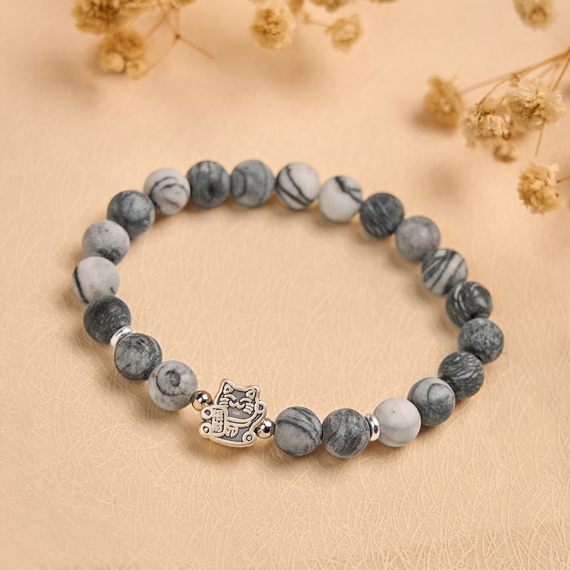 Buddha Stones 925 Sterling Silver Grey Tabby Cat Natural Black Veined Jasper Stability Bracelet - image 1