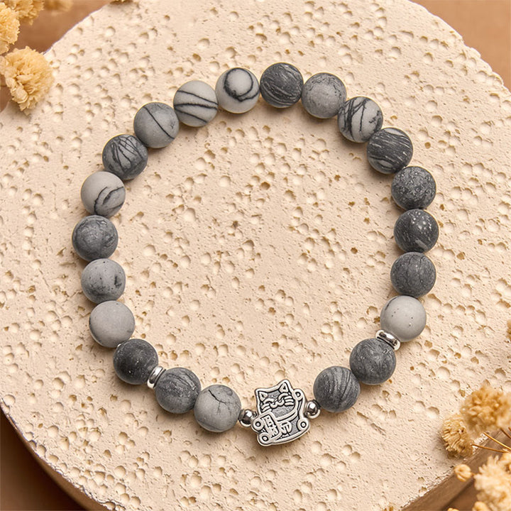 Buddha Stones 925 Sterling Silver Grey Tabby Cat Natural Black Veined Jasper Stability Bracelet - image 2