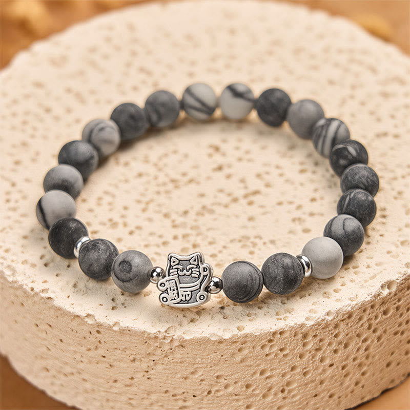 Buddha Stones 925 Sterling Silver Grey Tabby Cat Natural Black Veined Jasper Stability Bracelet - image 3