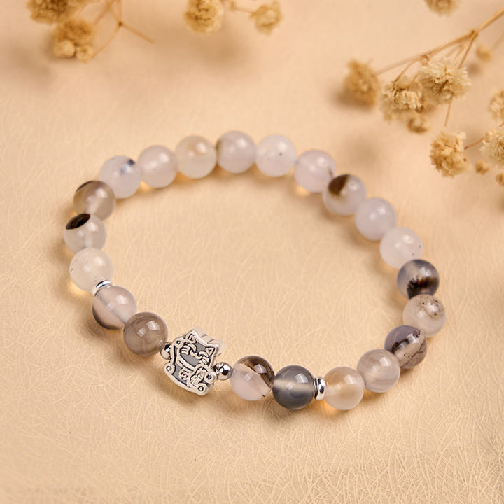 Buddha Stones 925 Sterling Silver Calico Cat Natural Agate Stone Protection Bracelet - image 1