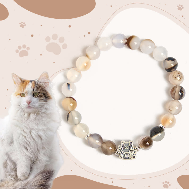 Buddha Stones 925 Sterling Silver Calico Cat Natural Agate Stone Protection Bracelet - Calico Cat(Wrist Circumference 15-16cm) - image 0
