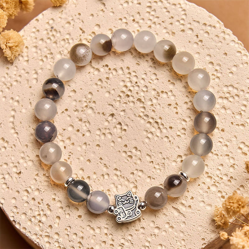 Buddha Stones 925 Sterling Silver Calico Cat Natural Agate Stone Protection Bracelet - image 2