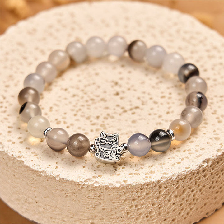Buddha Stones 925 Sterling Silver Calico Cat Natural Agate Stone Protection Bracelet - image 3