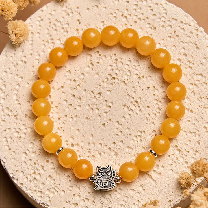 Buddha Stones 925 Sterling Silver Orange Tabby Cat Yellow Chalcedony Positivity Bracelet - image 3
