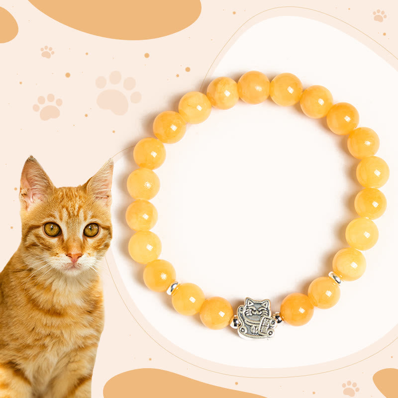 Buddha Stones 925 Sterling Silver Orange Tabby Cat Yellow Chalcedony Positivity Bracelet - Orange Tabby Cat(Wrist Circumference 15-16cm) - image 0