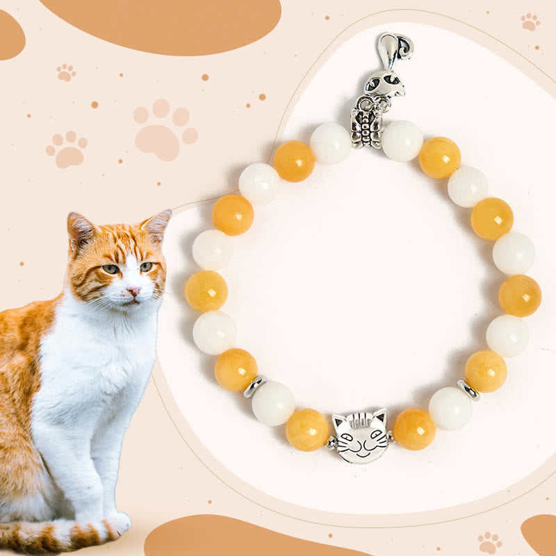 Buddha Stones Orange White Tabby Cat Yellow Chalcedony White Chalcedony Peace Bracelet - Orange White Tabby Cat(Wrist Circumference 15-16cm) - image 0