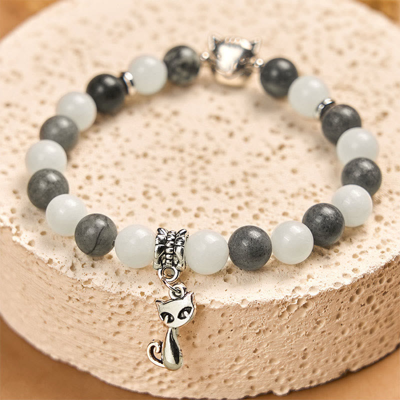 Buddha Stones Grey Tabby Cat Natural Black Veined Jasper White Chalcedony Stability Bracelet - image 2