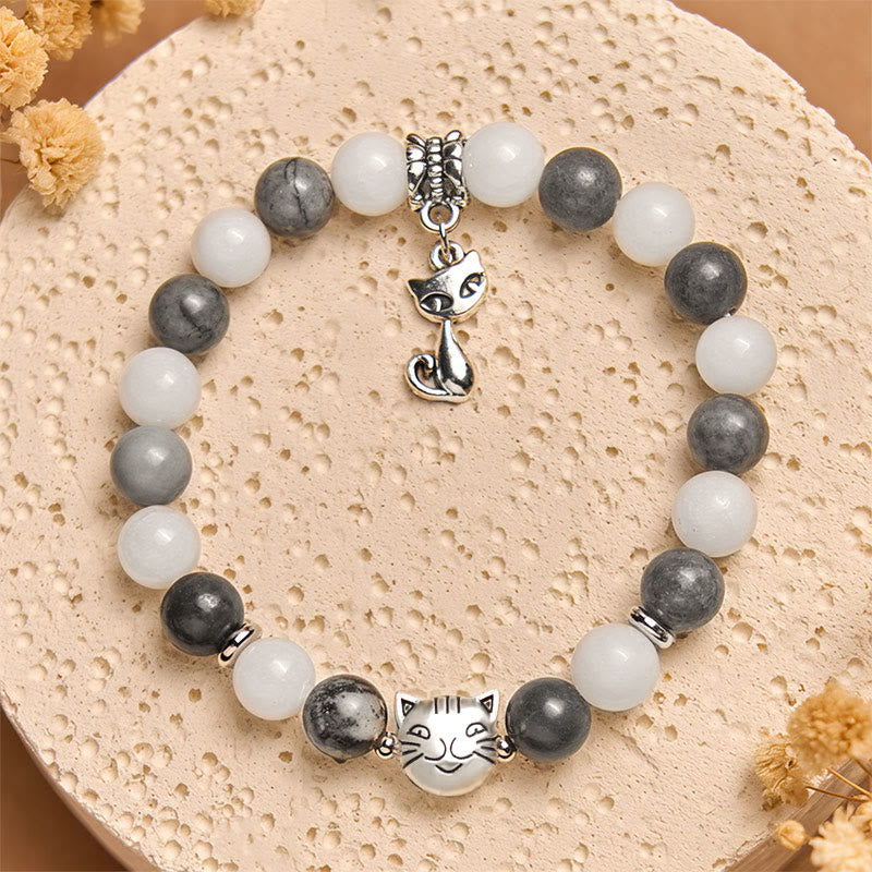 Buddha Stones Grey Tabby Cat Natural Black Veined Jasper White Chalcedony Stability Bracelet - image 3