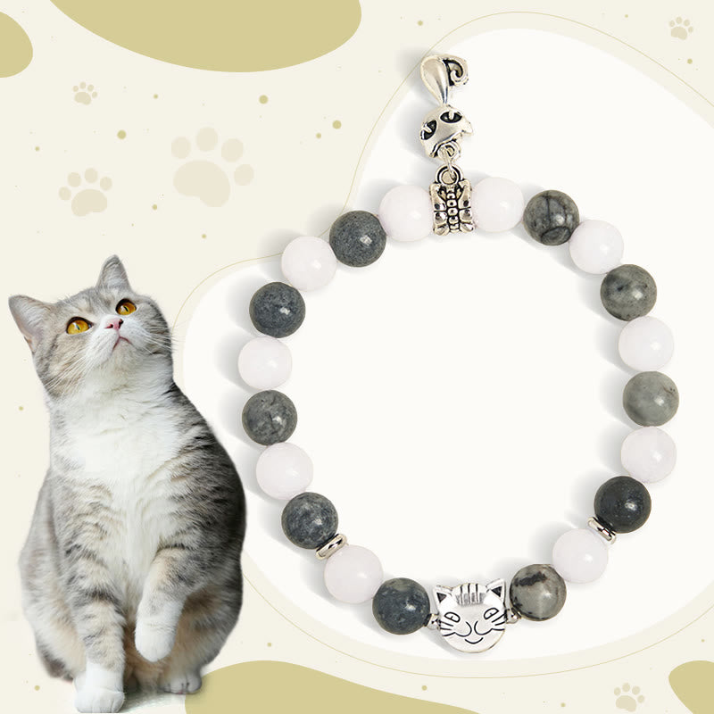 Buddha Stones Grey Tabby Cat Natural Black Veined Jasper White Chalcedony Stability Bracelet - Grey Tabby Cat(Wrist Circumference 15-16cm) - image 0