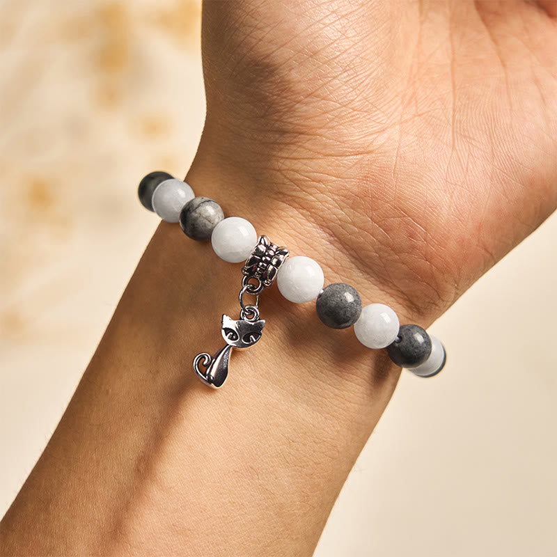 Buddha Stones Grey Tabby Cat Natural Black Veined Jasper White Chalcedony Stability Bracelet - image 4
