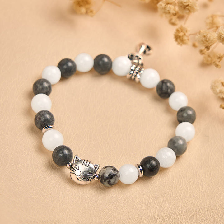 Buddha Stones Grey Tabby Cat Natural Black Veined Jasper White Chalcedony Stability Bracelet - image 1