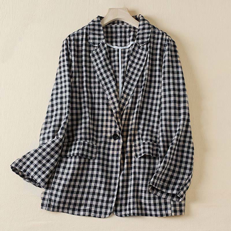 Buddha Stones Commute Plaid Pattern Women's Cotton Lapel Long Sleeve Jacket With Pockets - Medium plaid - US12，UK/AU16，EU44 (2XL) - image 7