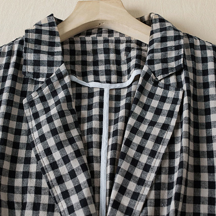 Buddha Stones Commute Plaid Pattern Women's Cotton Lapel Long Sleeve Jacket With Pockets - image 11
