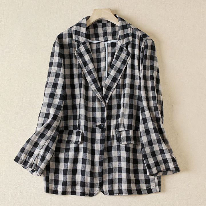 Buddha Stones Commute Plaid Pattern Women's Cotton Lapel Long Sleeve Jacket With Pockets - Large plaid - US12，UK/AU16，EU44 (2XL) - image 17