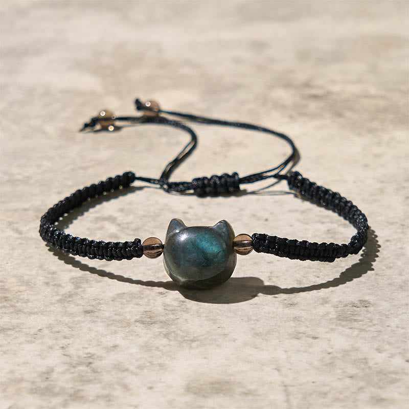 Buddha Stones Natural Labradorite Cute Cat Head Black Rope Healing Bracelet - Labradorite(Wrist Circumference: 15-21cm) - image 0
