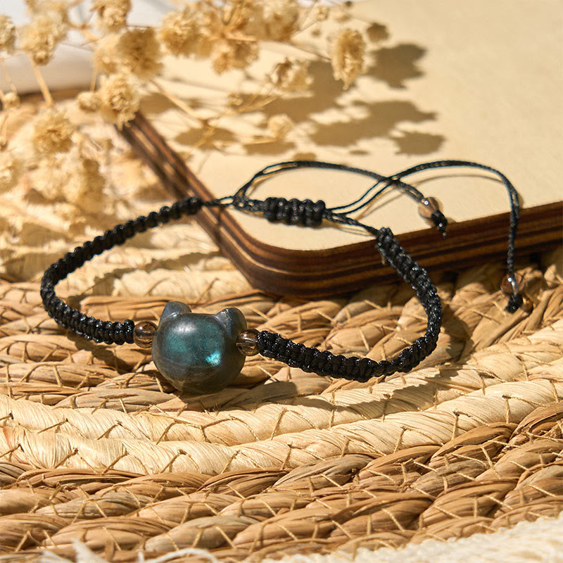 Buddha Stones Natural Labradorite Cute Cat Head Black Rope Healing Bracelet - image 4