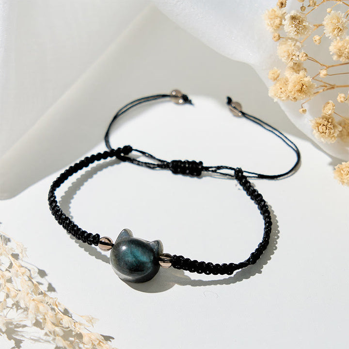 Buddha Stones Natural Labradorite Cute Cat Head Black Rope Healing Bracelet - image 3