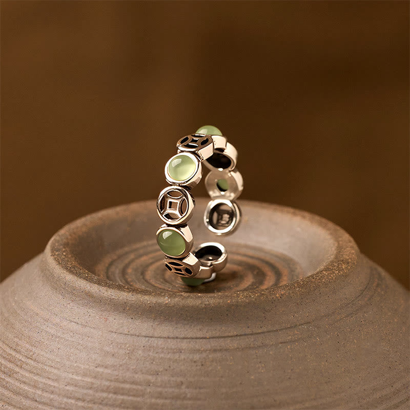 Buddha Stones Jade South Red Agate Copper Coin Prosperity Luck Open Ring - Jade - image 0