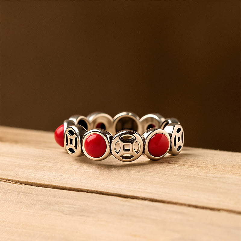 Buddha Stones Jade South Red Agate Copper Coin Prosperity Luck Open Ring - image 10