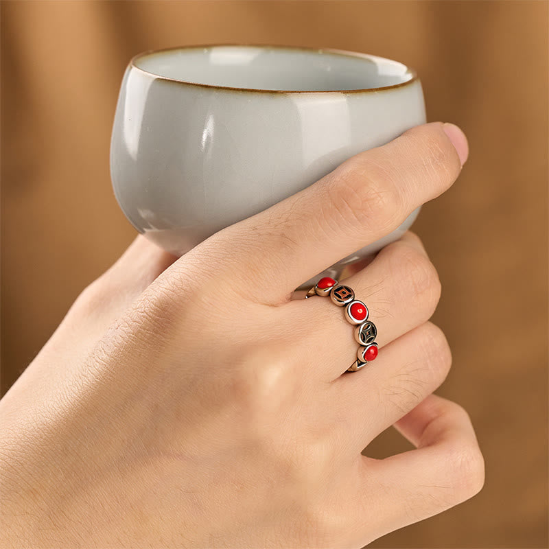 Buddha Stones Jade South Red Agate Copper Coin Prosperity Luck Open Ring - image 12