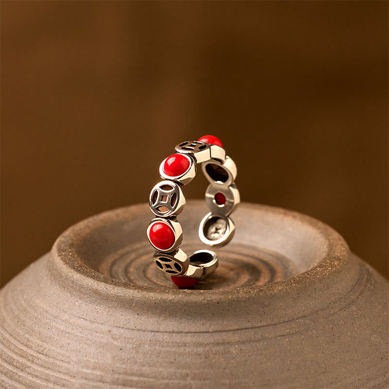 Buddha Stones Jade South Red Agate Copper Coin Prosperity Luck Open Ring - South Red Agate - image 8