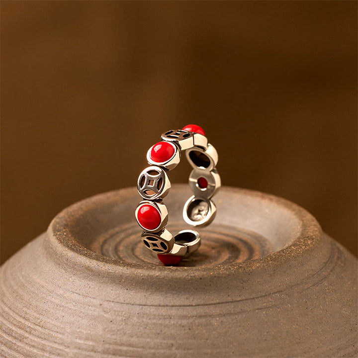 Buddha Stones Jade South Red Agate Copper Coin Prosperity Luck Open Ring - South Red Agate - image 8