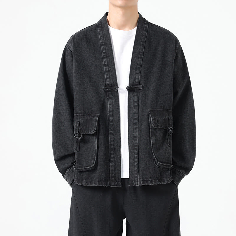 Buddha Stones Denim Button Design Men's Cotton Long Sleeve Jacket With Pockets - Black - US/UK/AU48，EU58(5XL) - image 0