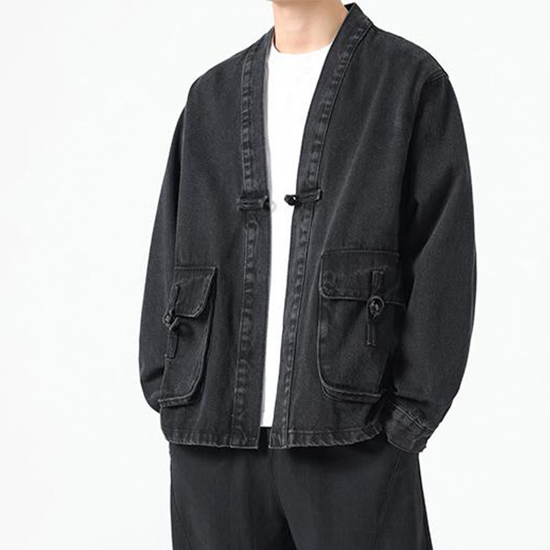 Buddha Stones Denim Button Design Men's Cotton Long Sleeve Jacket With Pockets - image 6