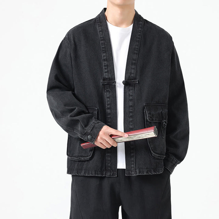 Buddha Stones Denim Button Design Men's Cotton Long Sleeve Jacket With Pockets - image 2
