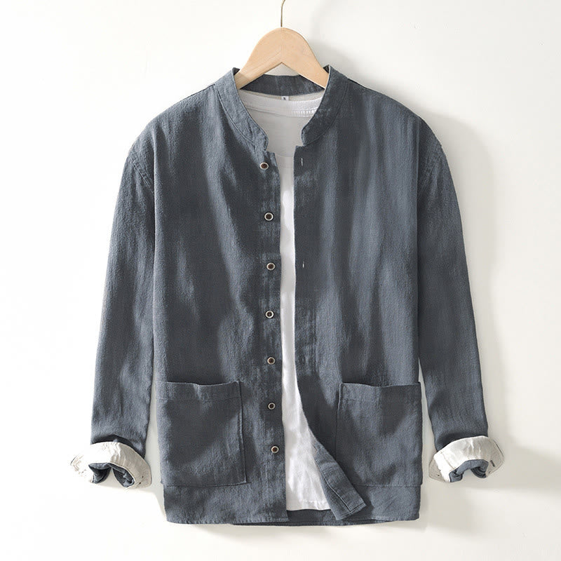 Buddha Stones Fall Solid Long Sleeve Buttons Men's Ramie Cotton Shirt With Pockets - DarkGray - US/UK/AU42，EU52 (3XL) - image 17