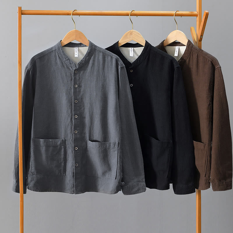 Buddha Stones Fall Solid Long Sleeve Buttons Men's Ramie Cotton Shirt With Pockets - image 1